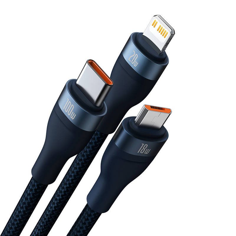 3in1 USB cable Baseus Flash Series 2, USB-C + micro USB + Lightning, 100W, 1.5m (blue) - Image 2
