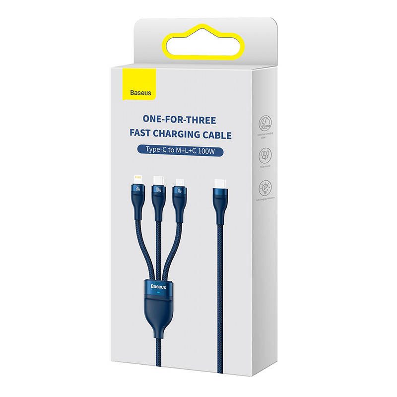 3in1 USB cable Baseus Flash Series 2, USB-C + micro USB + Lightning, 100W, 1.5m (blue) - Image 5
