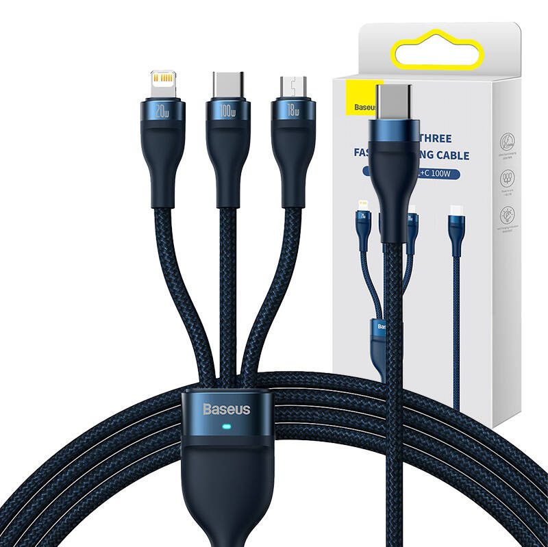 3in1 USB cable Baseus Flash Series 2, USB-C + micro USB + Lightning, 100W, 1.5m (blue) - Image 6