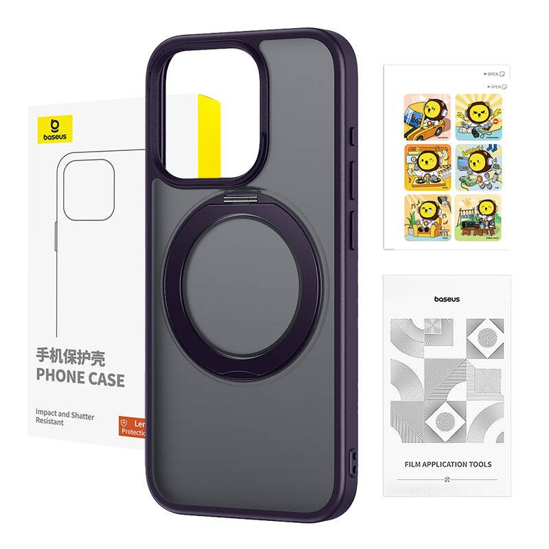 Phone Case Baseus SkyRing Magnetic with Stand for iP 14 Pro Max + tempered-glass and cleaning kit (purple) - Image 5