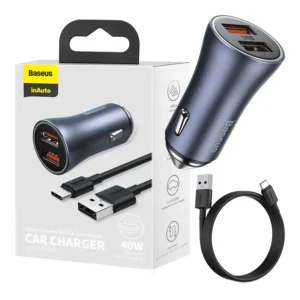 Baseus Golden Contactor Pro Car Charger 2x USB, 40W (gray) + Cable USB to USB-C 1m (black)