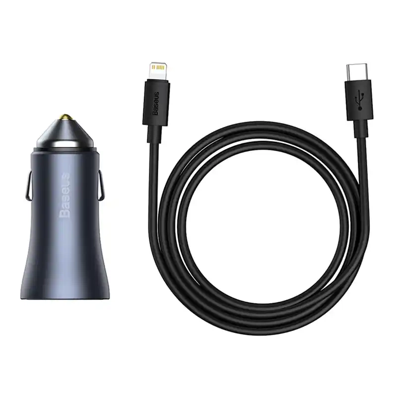 Baseus Golden Contactor Pro Car Charger USB + USB-C, QC4.0+, PD, SCP, 40W (gray) + Cable USB-C do iP 1m (black) - Image 6
