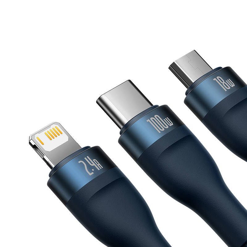 3in1 USB cable Baseus Flash Series, USB-C + micro USB + Lightning, 100W, 1.2m (blue) - Image 3