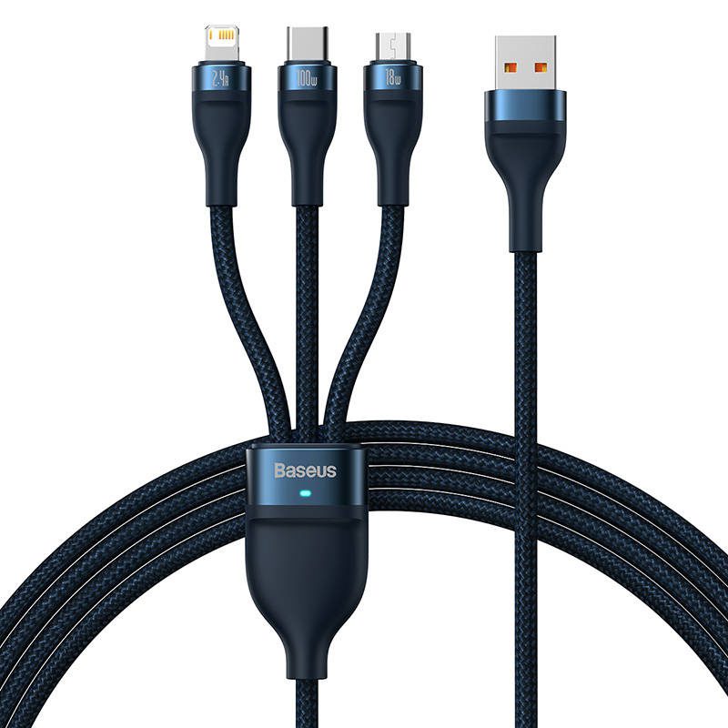 3in1 USB cable Baseus Flash Series, USB-C + micro USB + Lightning, 100W, 1.2m (blue) - Image 2