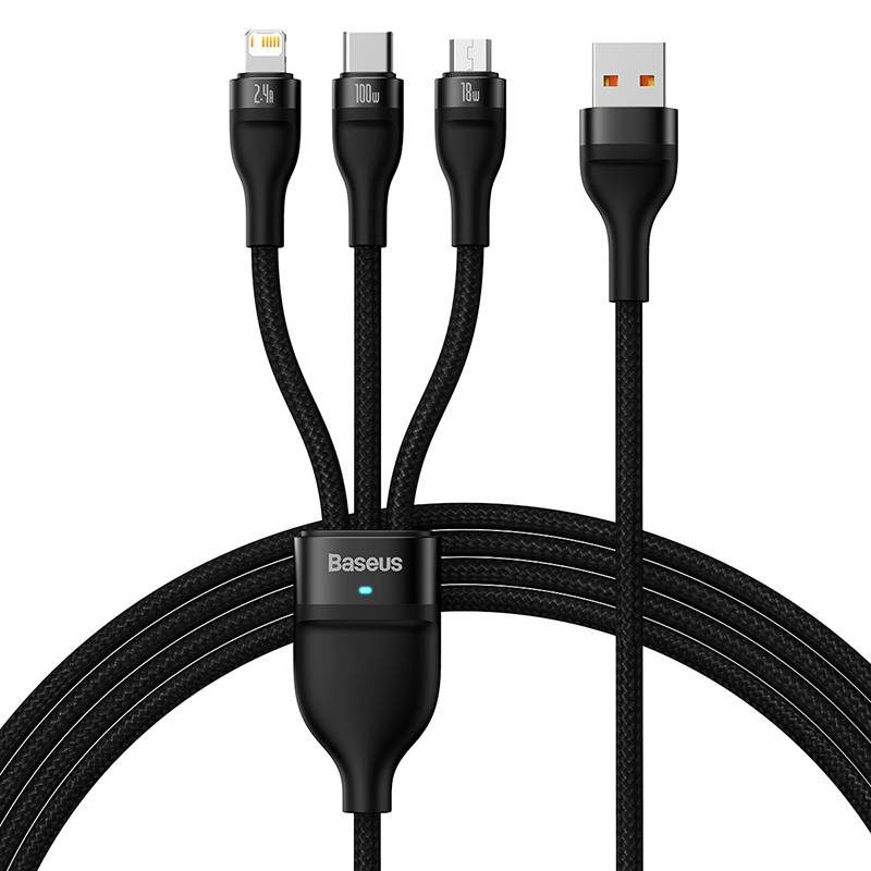 3in1 USB cable Baseus Flash Series, USB-C + micro USB + Lightning, 100W, 1.2m (black) - Image 2