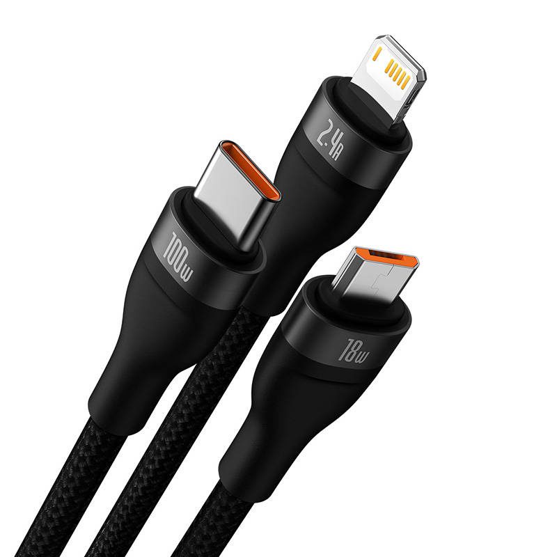 3in1 USB cable Baseus Flash Series, USB-C + micro USB + Lightning, 100W, 1.2m (black) - Image 3