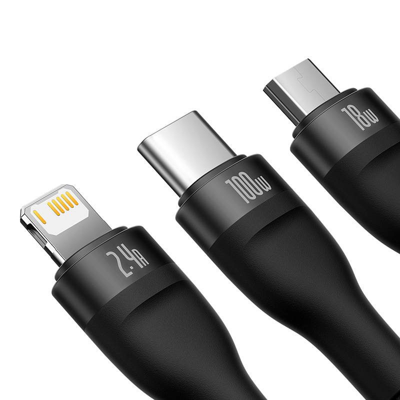 3in1 USB cable Baseus Flash Series, USB-C + micro USB + Lightning, 100W, 1.2m (black) - Image 4