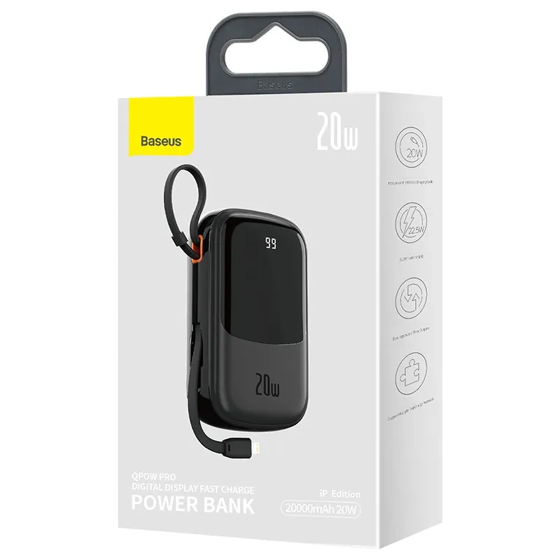 Powerbank Baseus Qpow PRO with Lightning cable, USB-C port and USB 20000mAh, 20W (Black) - Image 6