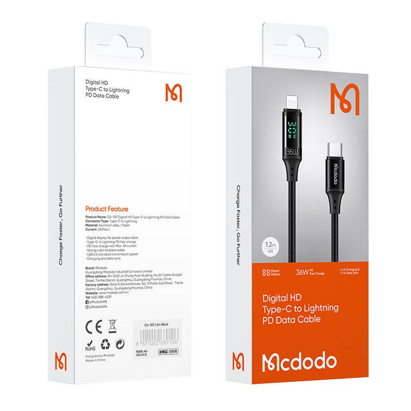 Cable Mcdodo CA-1030 USB-C to Lightning, 36W, 1.2m (black) - Image 3