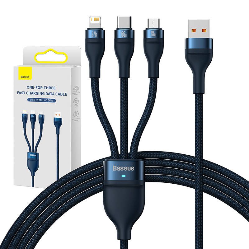 3in1 USB cable Baseus USB 3in1 Baseus Flash Series, USB-C + Micro + Lightning 66W, 1.2m (blue)