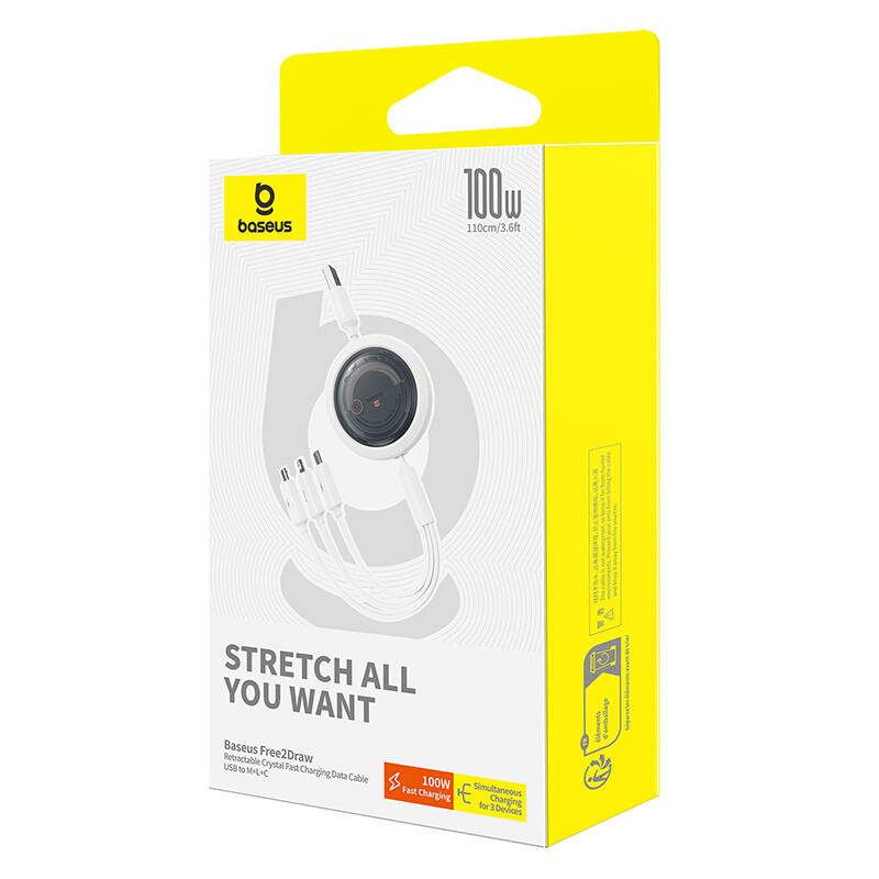 3-in-1 Baseus Free2Draw USB to M+L+C 100W cable, 1.1 m (white) - Image 6