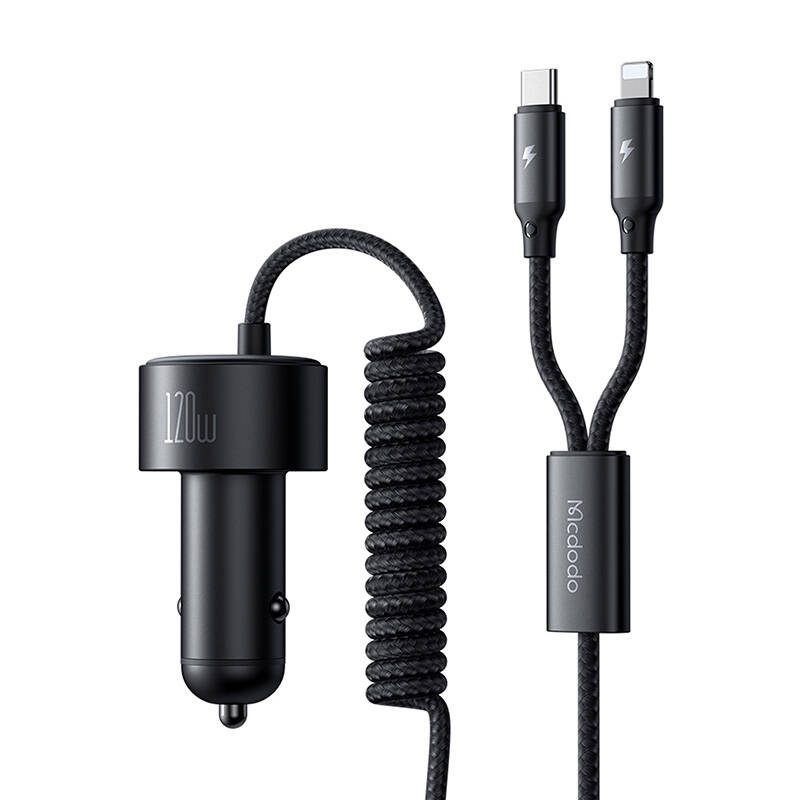 Mcdodo CC-0370 car charger, USB-C, Lightning, 120W, retractable cables - Image 2