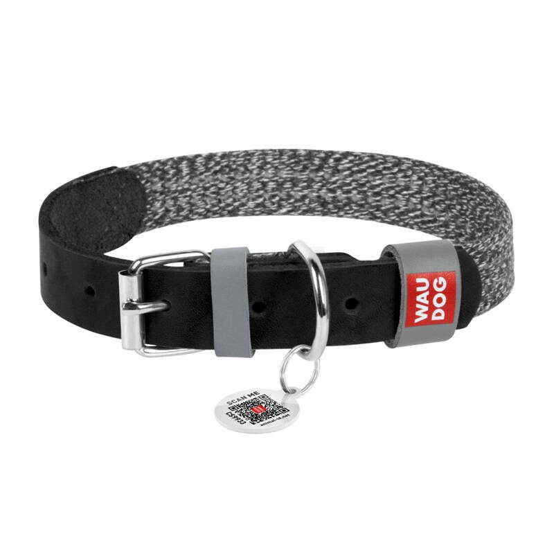 Dog collar made of natural leather and recycled material with QR code Waudog size S, width 15 mm, black - Image 2