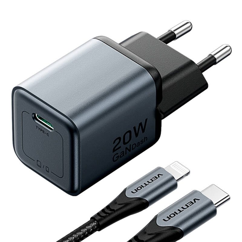 GaN Vention USB-C 20W Charger + USB-C-L 1m Cable (Gray) - Image 2