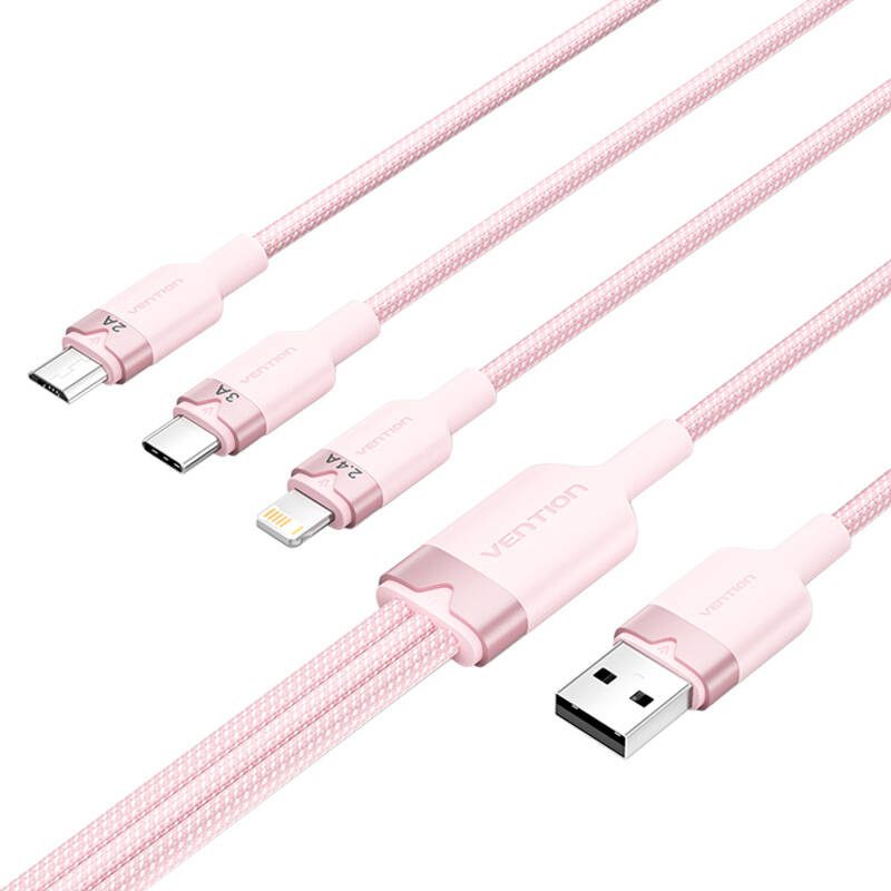 USB 2.0 A to 3in1 3A cable Vention CTPPG 1.5M (pink) - Image 2