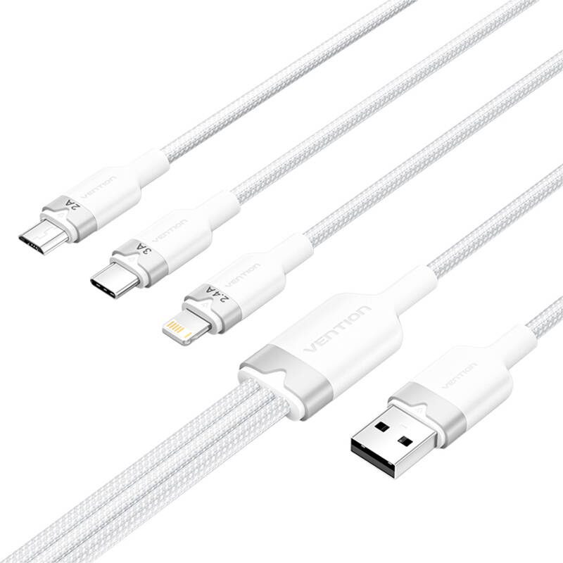 USB 2.0 A to 3in1 3A cable Vention CTPWG 1.5M (white) - Image 2