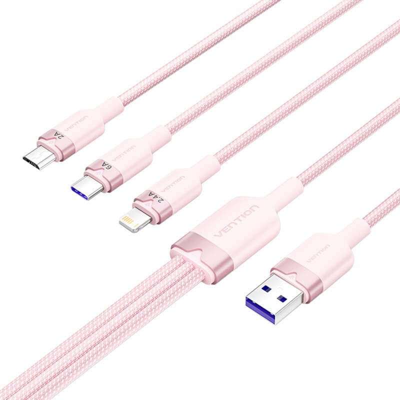 USB 2.0 A to 3-in-1 6A cable Vention CTRPG 1.5M (pink) - Image 2