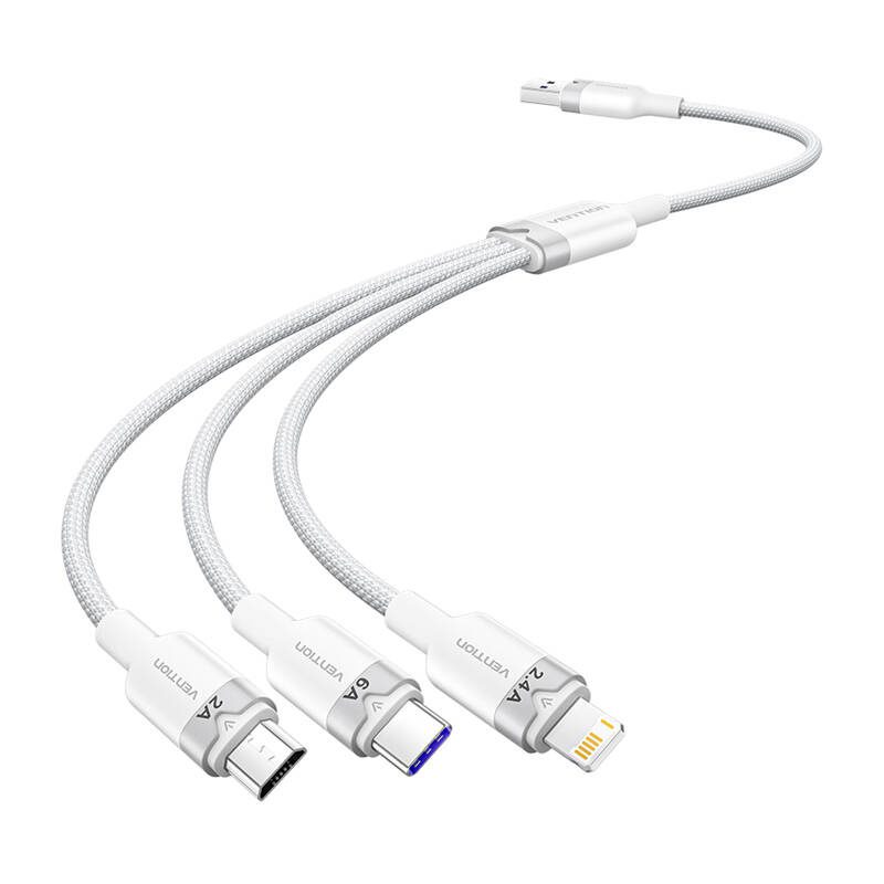 USB 2.0 A to 3-in-1 6A cable Vention CTRWG 1.5M (white)