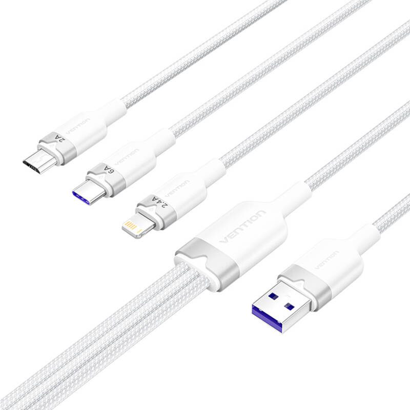 USB 2.0 A to 3-in-1 6A cable Vention CTRWG 1.5M (white) - Image 2