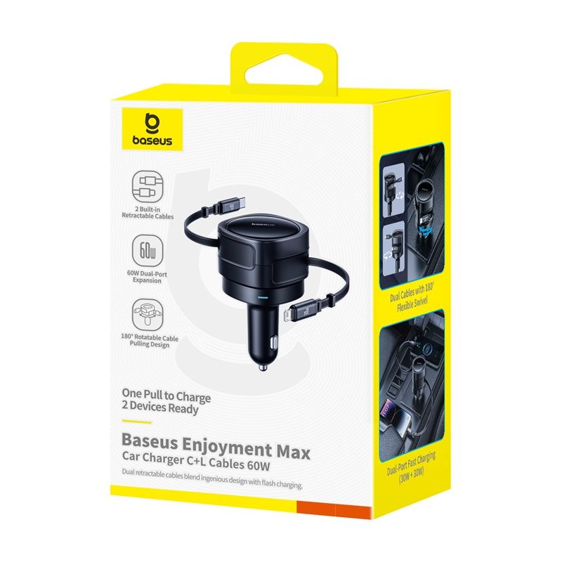 Baseus Enjoyment Max car charger with USB-C+Lightning cables 60W Black - Image 4
