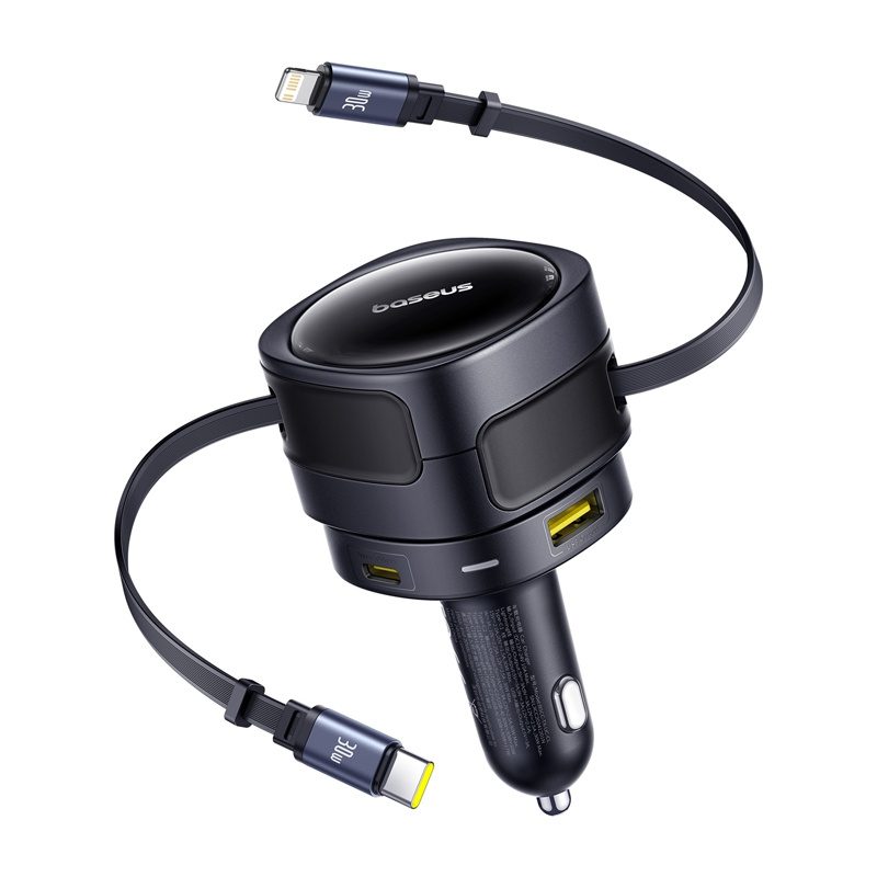 Baseus Enjoyment Max car charger with USB-C+Lightning cables and USB-A+USB-C ports 90W Black