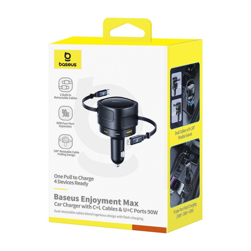 Baseus Enjoyment Max car charger with USB-C+Lightning cables and USB-A+USB-C ports 90W Black - Image 4