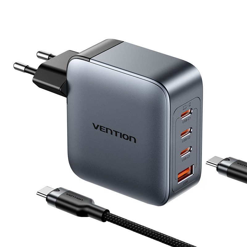 Vention power charger 3x USB-C, 1x USB-A, (100W/100W/30W/30W) (grey) with USB-C to USB-C cable (1m) (black) - Image 2