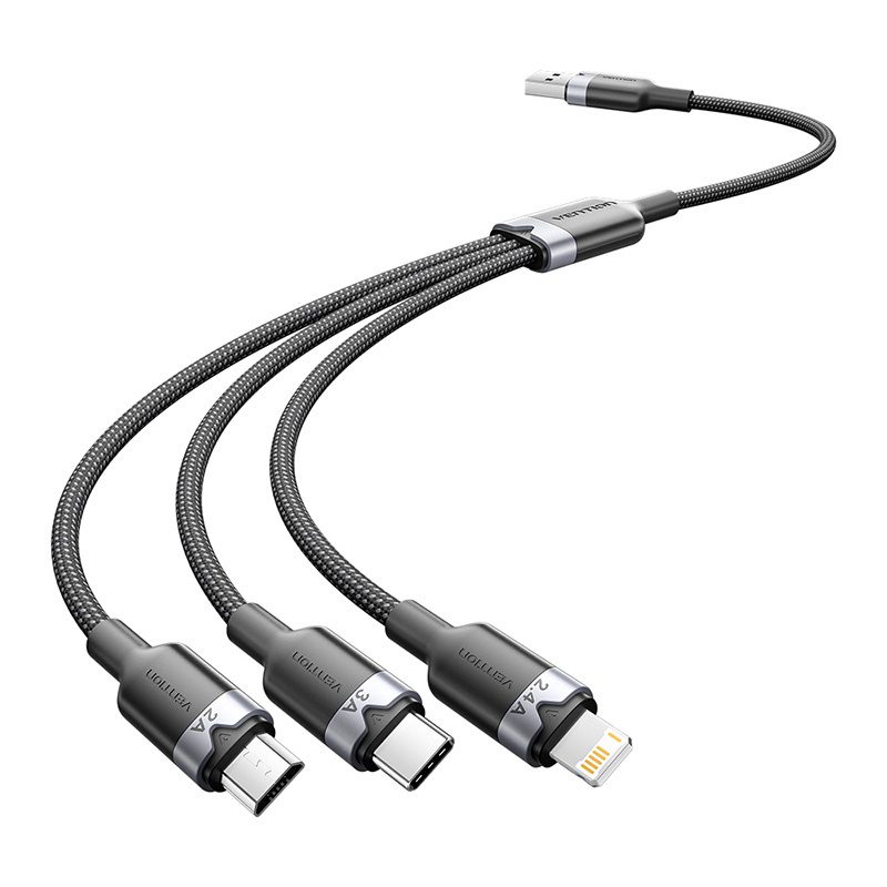 USB 2.0 A male to 3-in-1 USB-C, Lightning and Micro-B male cable Vention 3A CTPBG 1.5m - Image 2